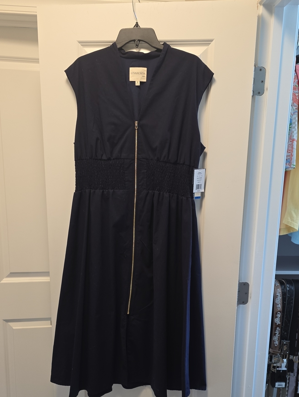 5th MADISON EDT. Navy Midi Dress with Gold Zip